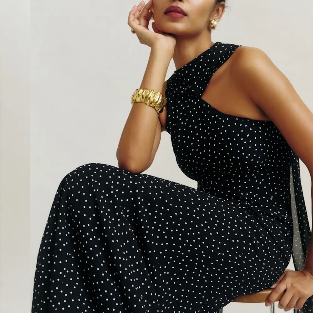 Reformation Black One Shoulder Dress with White Dots. More than 1/2 price off